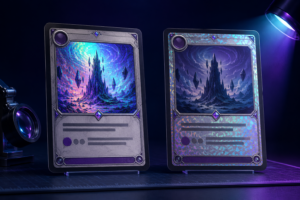 Holo and reverse-holo collectible cards compared under angled light