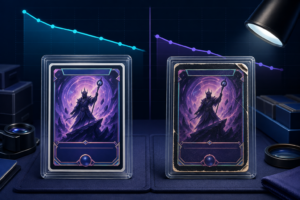 Clean and worn collectible cards compared under an inspection light